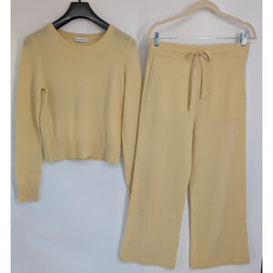 New White + Warren 100% Cashmere Sweater Wide leg Pants Set Sz S Yellow #9A603